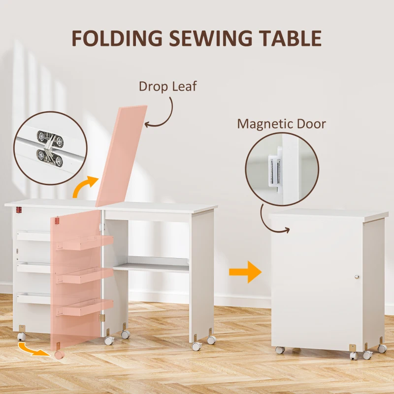 HOMCOM Sewing Machine Cabinet, Folding Sewing Table with Storage Shelf, Bins and Lockable Wheels for Small Space, White