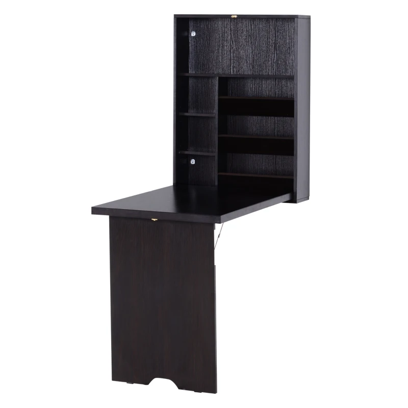 HOMCOM Wall Mounted Fold Out Convertible Desk, Multi-Function Floating Desk with Storage Shelf for Home Office, Espresso Brown
