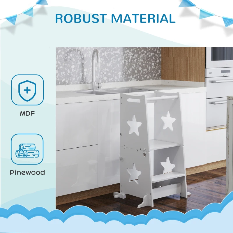 Qaba 2 in 1 Toddler Tower with Safety Rail for Bathroom, Sink, Kitchen or Counter, White