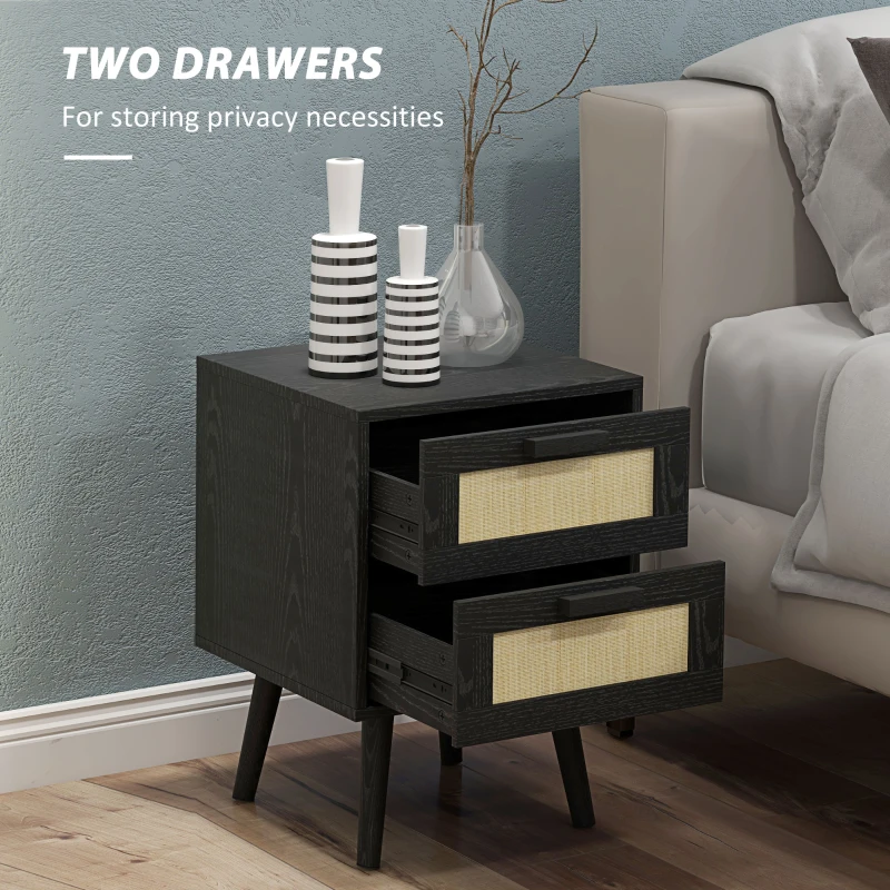HOMCOM Boho Nightstands Set of 2, Bedside Tables with 2 Drawers for Living Room, Bedroom, Black
