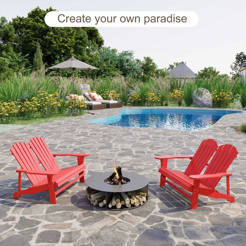 Outsunny 2 Person Adirondack Loveseat, Fire Pit Chair for 2, Wooden Double Adirondack for Patio, Porch, Backyard, Garden with High-back, Wide Armrests, Red