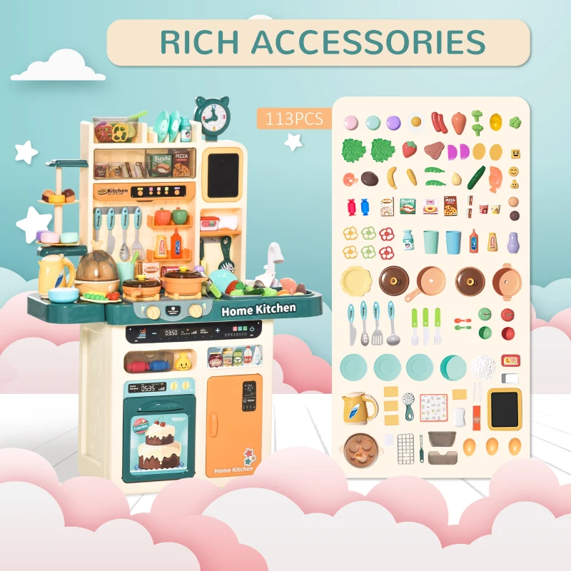 Qaba Play Kitchen for Kids with Sink Water, Music, 113 Toys, Color-Changing Food, Educational Pretend Role Playset Imaginative Toy with Spray Music Light, for 3-6 Years Old