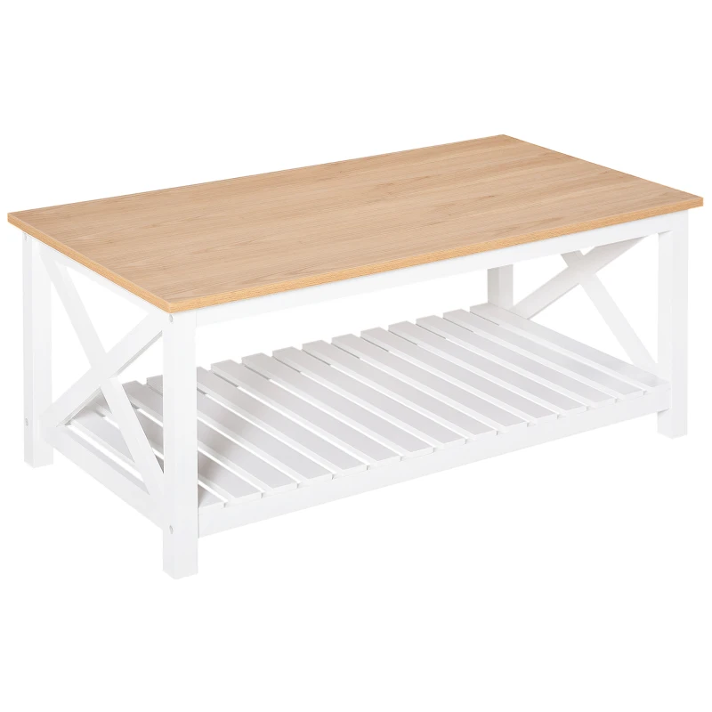 HOMCOM Farmhouse Coffee Table with Slatted Bottom Shelf, Center Table with X Bar Frame for Living Room, White, Natural