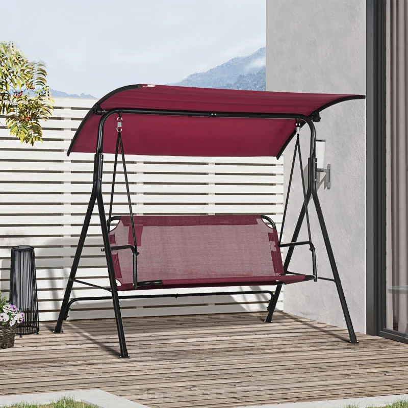 Outsunny 3-Person Porch Swing with Stand, Outdoor Swing for Patio Porch with Adjustable Tilt Canopy and Comfortable Swing Bench-Style Seat, Steel Frame, Wine Red