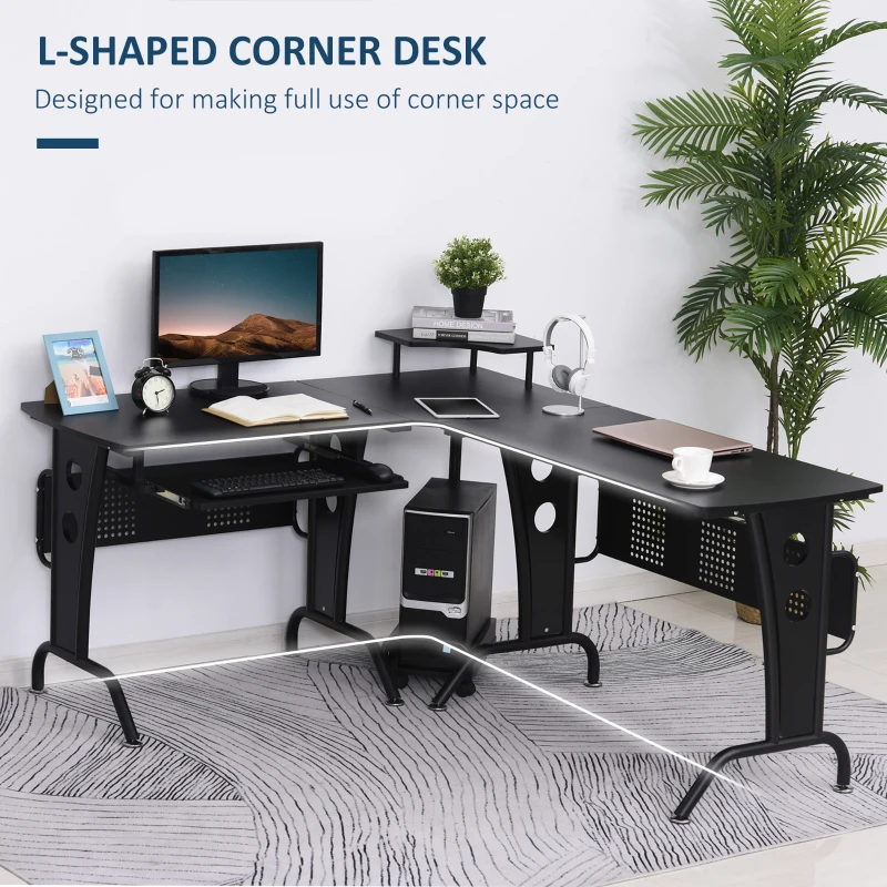 HOMCOM L-Shaped Computer Desk for PC, Corner Table for Small Spaces with Elevated Shelf, Keyboard Tray, CPU Stand, Home Office