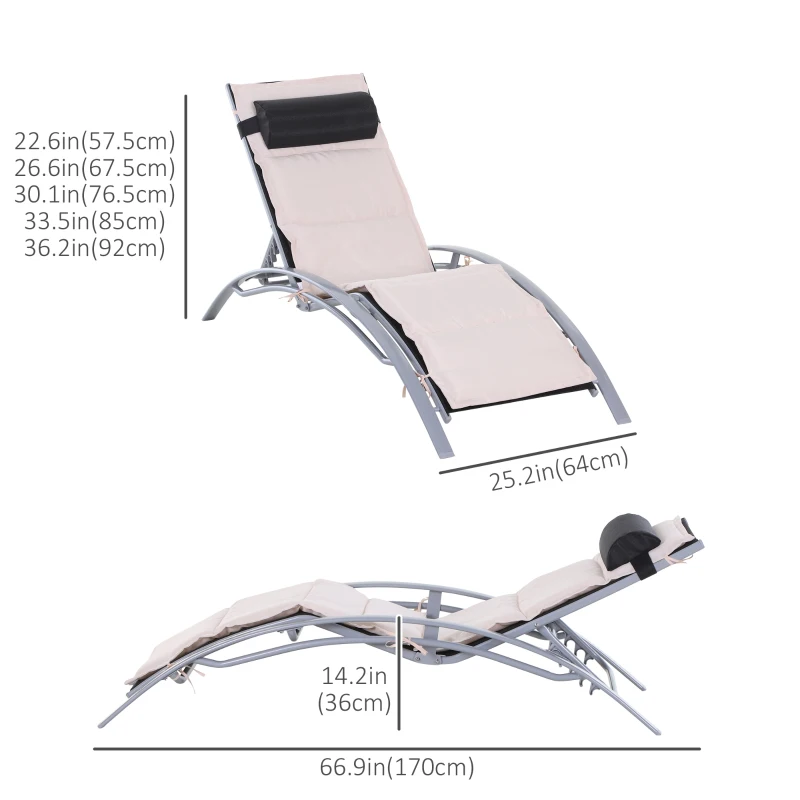 Outsunny Aluminum Patio Tanning Chair with Soft Padded Seat Cushion, Outdoor Lounge Chair with 5-Level Adjustable Backrest & Head Pillow, Beige