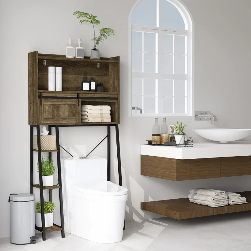 HOMCOM Over the Toilet Storage Cabinet, Over Toilet Bathroom Organizer with 3 Compartments, 4 Open Shelves, Distressed Brown