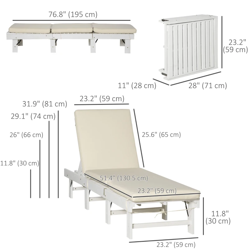 Outsunny Wooden Folding Chaise Lounge, Outdoor Chaise Lounge Chair, Garden Reclining Tanning Chair with 4 Adjustable Back Soft Cushions, Light Grey