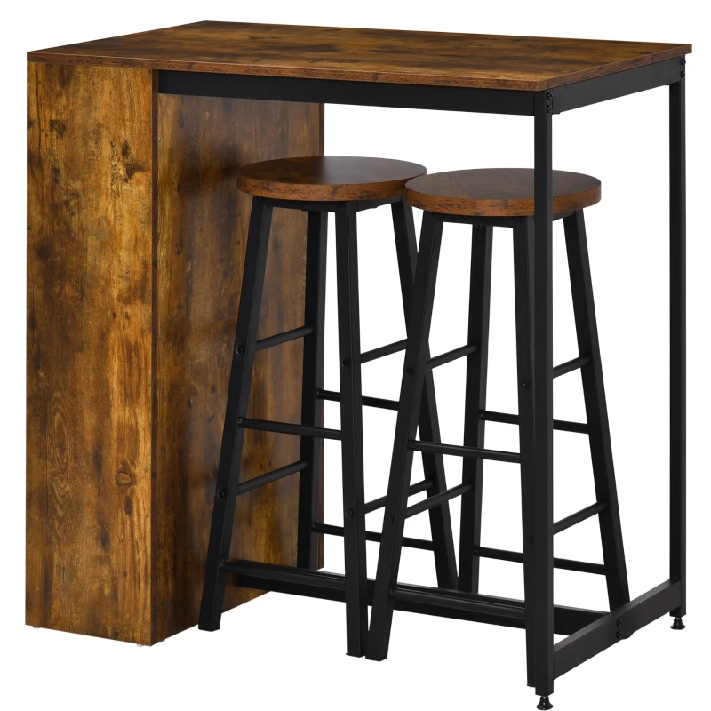 HOMCOM 3 Piece Industrial Dining Table Set, Counter Height Bar Table & Stools Set with Storage Shelf, Rustic Brown/Black