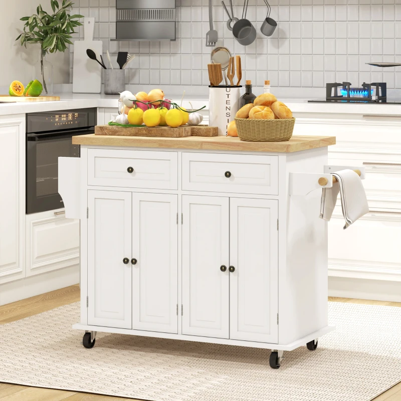 HOMCOM Kitchen Island on Wheels, Rolling Cart with Rubberwood Top, Spice Rack, Towel Rack and Drawers, Cream White