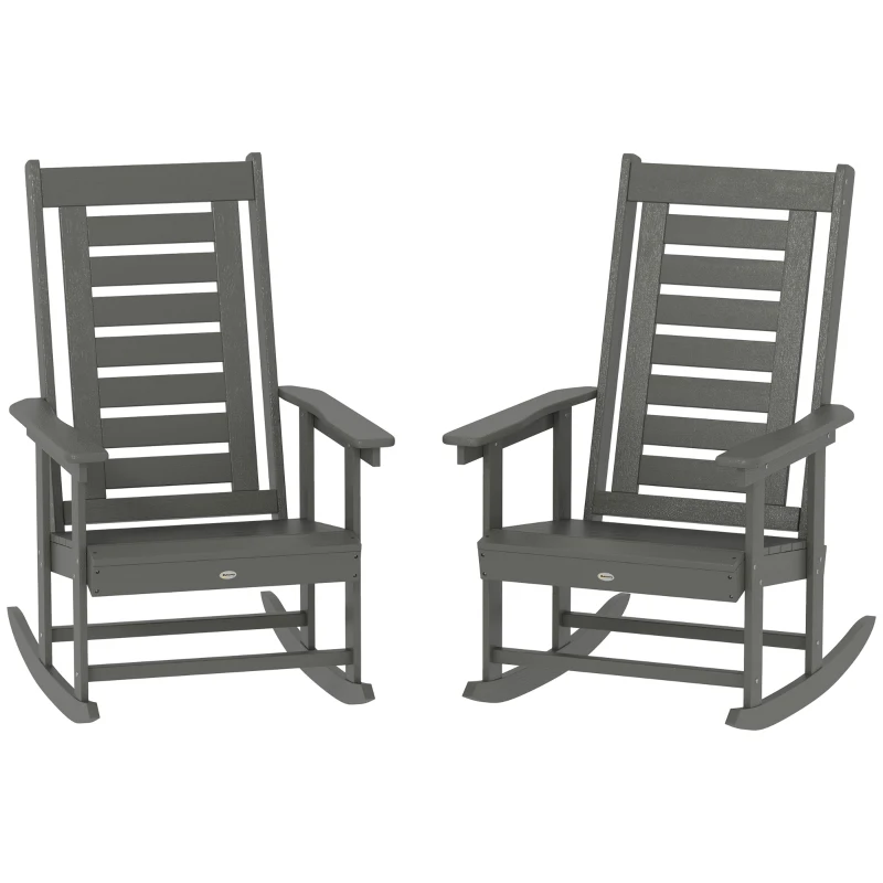 Outsunny 2 Pieces Outdoor Rocking Chairs, HDPE Patio Rockers with 28" High Back, Wide Armrests for Porch Backyard, Dark Gray