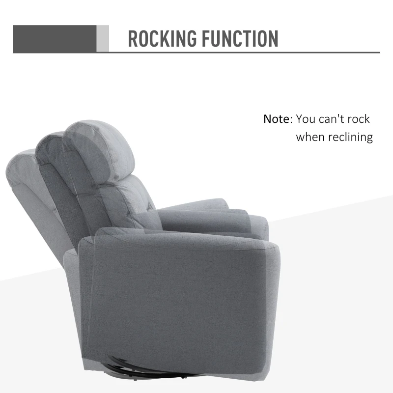 HOMCOM Manual Recliner Swivel Rocker Chair Theater Chair Single Sofa with Linen Fabric for Living Room Bedroom, Grey