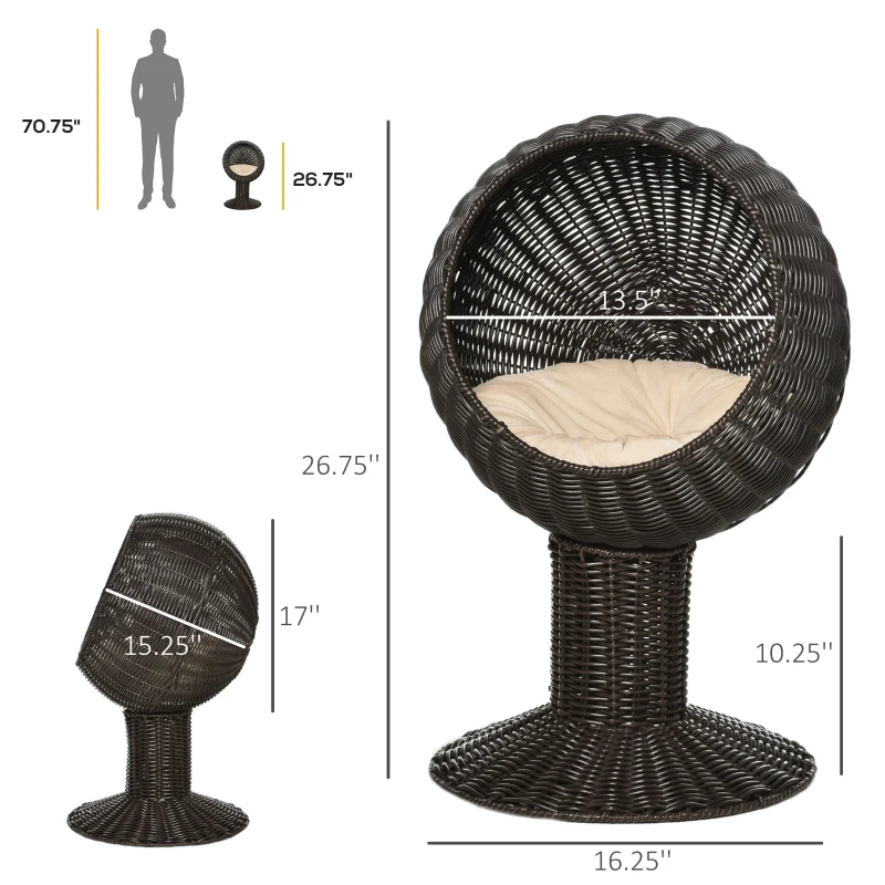 PawHut Elevated Cat Bed with Rotatable Egg Chair Pod, Cat Basket Bed with Thick Cushion, Natural Mat Grass Woven Kitty House, Coffee