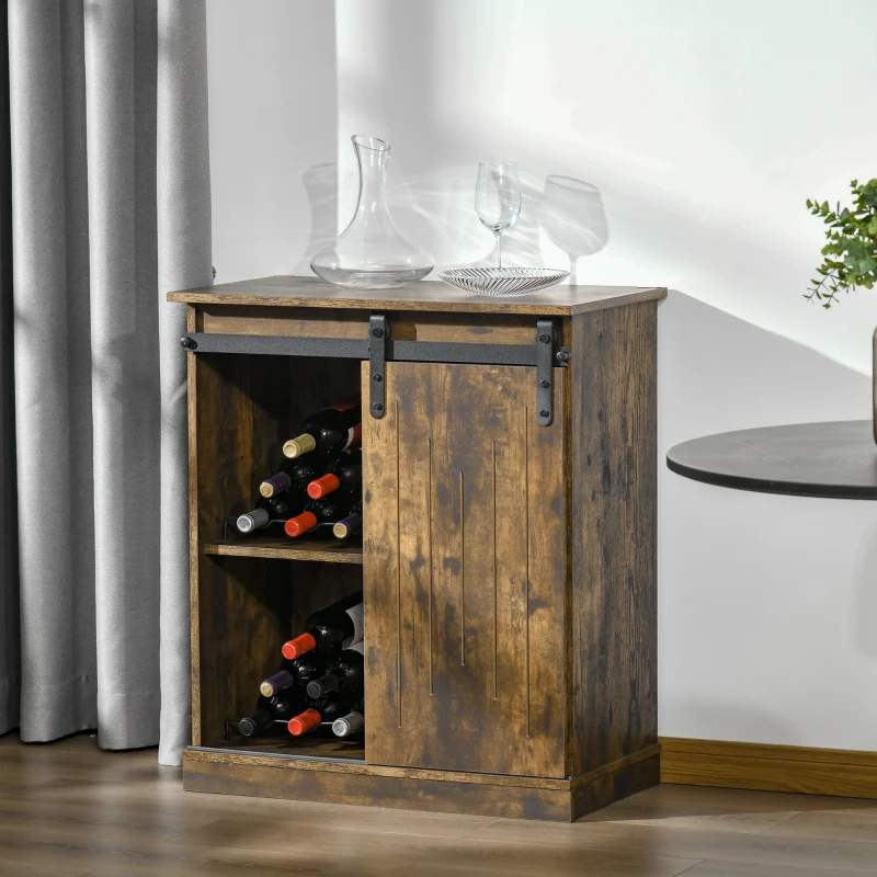 HOMCOM Industrial Wine Cabinet, Sideboard Storage Cabinet, Serving Bar Buffet with Sliding Barn Door and 6-Bottle Wine Rack, Brown