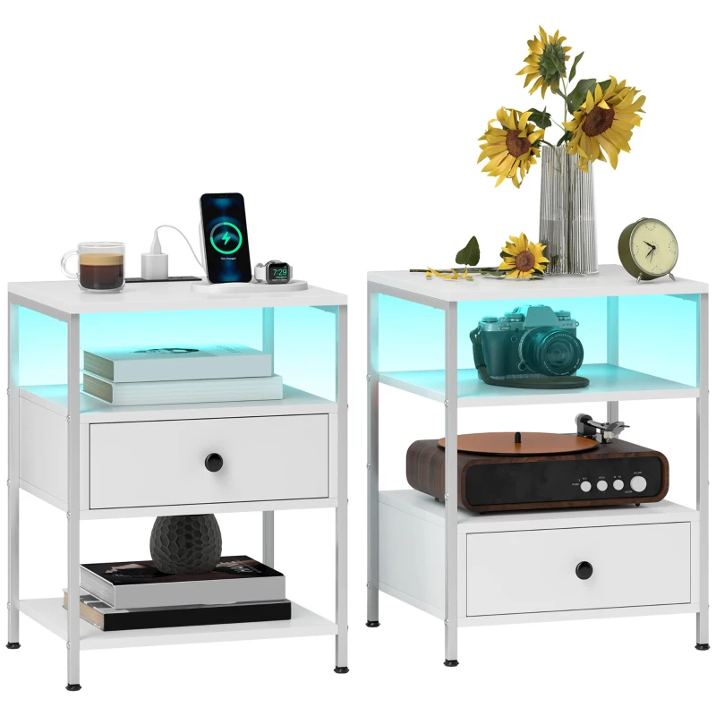 HOMCOM Set of 2 Side Tables with Charging Stations and LED Lights, End Tables with Drawer and Shelves for Living Room, White