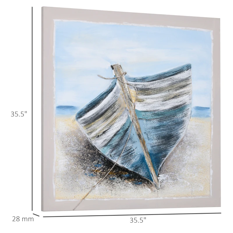HOMCOM Boat Wall Art Hand-Painted Canvas Painting Beach Artwork Modern Framed Prints for Living Room Bedroom Decor Blue, 35.5" x 35.5"