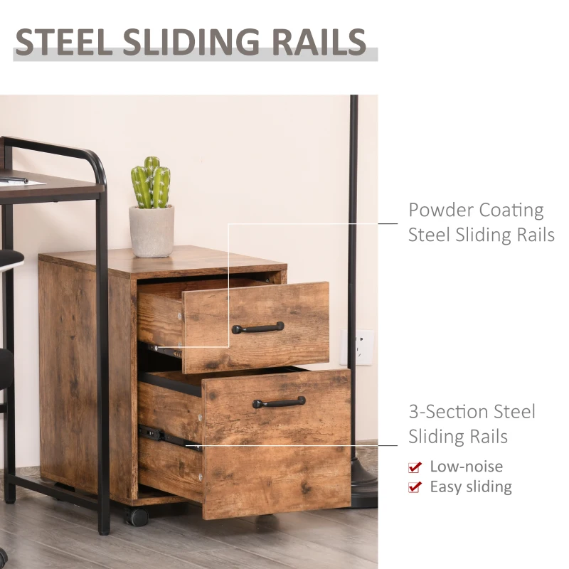 HOMCOM Vertical Filing Cabinet 2 Drawer, Mobile File Cabinet with Wheels for Letter Size, Home Office Organizer, Rustic Brown