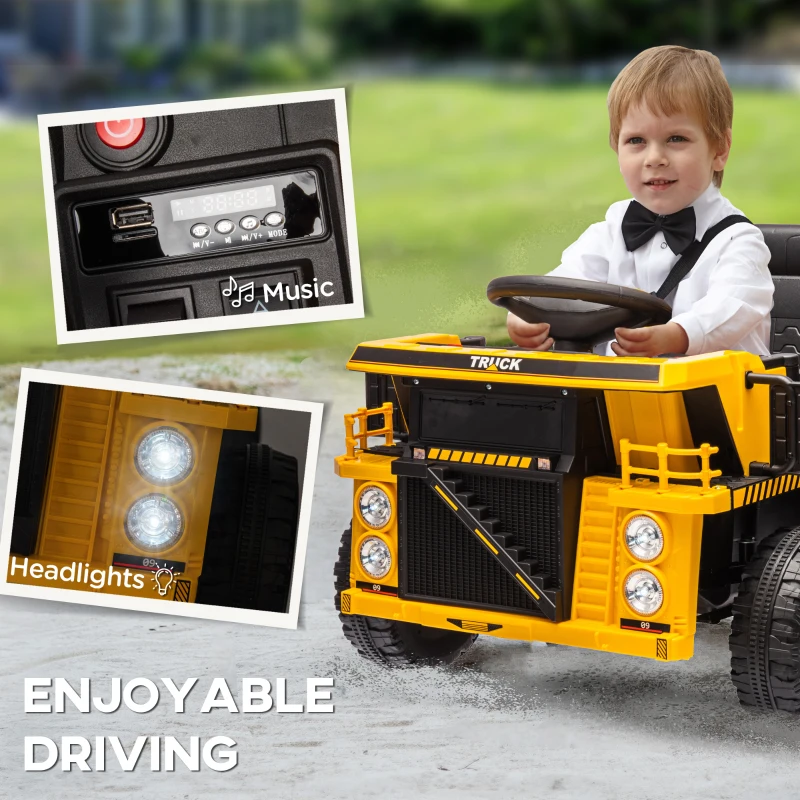 Qaba 12V Kids Ride on Dump Truck, Electric UTV w/ Electric Dump Bed, Shovel Spring Suspension & Music Player