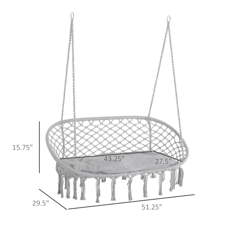 Outsunny 2-Person Hammock Chair Macrame Swing with Soft Cushion, Hanging Cotton Rope Chair for Indoor Outdoor Home Patio Backyard, Light Gray