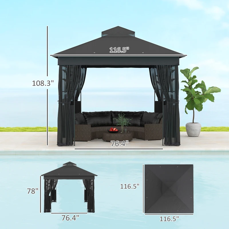 Outsunny 10' x 10' Outdoor Gazebo with Shelves and Netting, UV30+ Double Roof Patio Gazebo for Lawn, Backyard and Deck