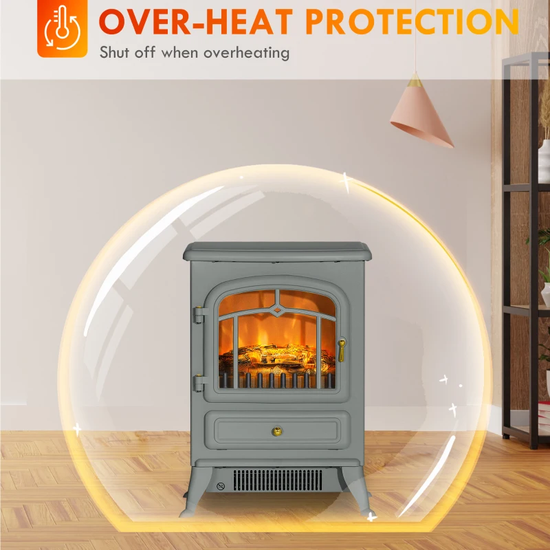 HOMCOM Fireplace Stove, Electric Fireplace Heater with Realistic LED Flames and Logs, 725W/1450W, Gray