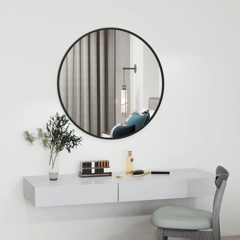 HOMCOM 36" Round Mirror, Bathroom Wall Mirror with Metal Frame, Decorative Vanity Mirror for Living Room, Bedroom, Black