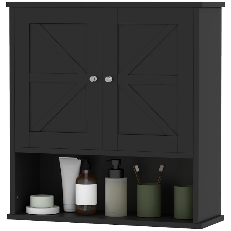 kleankin Farmhouse Bathroom Medicine Cabinet, Wall Cabinet with Barn Doors, and Adjustable Shelf for Laundry Room, Black