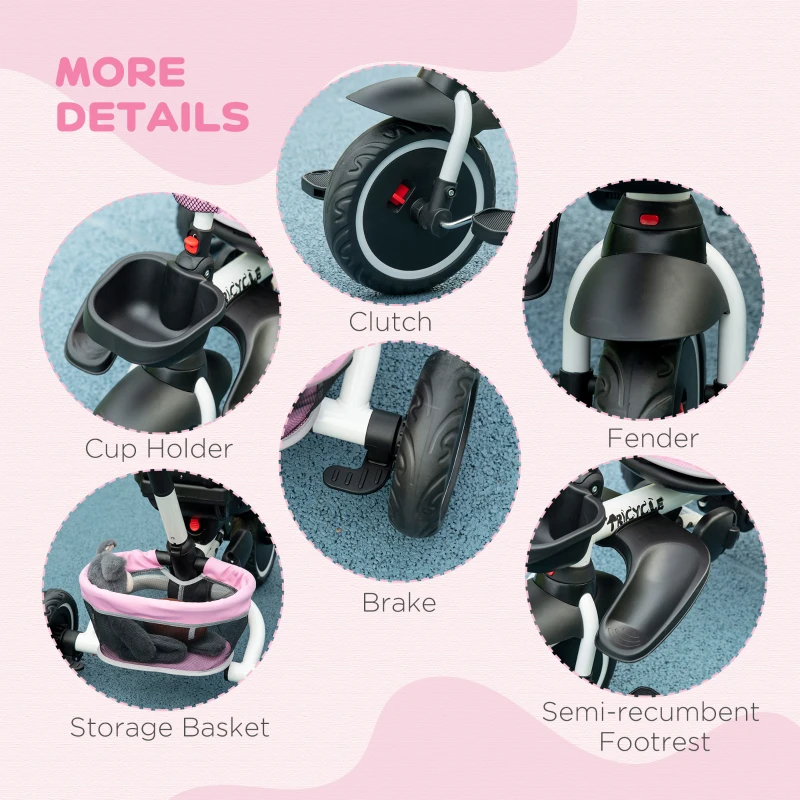 Aosom 6-in-1 Toddler Tricycle for 12-50 Months, Foldable Kids Trike with Adjustable Seat and Push Handle, Safety Harness, Removable Canopy, Footrest, Pink