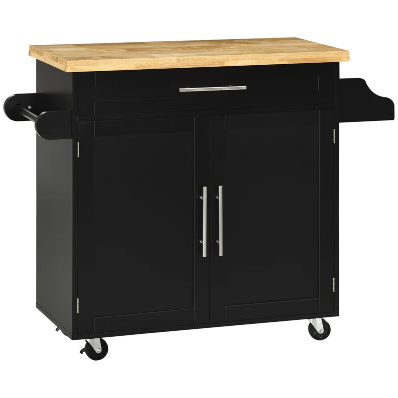 HOMCOM Kitchen Island with Storage, Rolling Cart Trolley with Rubberwood Top, Adjustable Shelf, Drawer, Spice Rack, Black