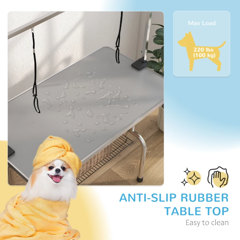 PawHut Adjustable Dog Grooming Table with 2 Safety Slings, Storage Basket, Grey