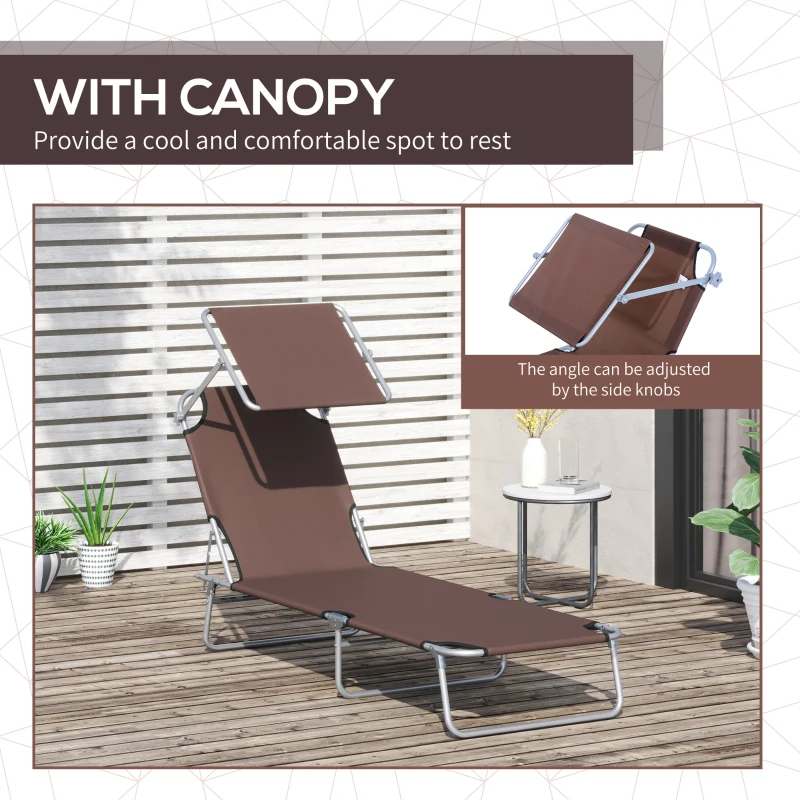Outsunny Outdoor Lounge Chair, Adjustable Folding Chaise Lounge,  Tanning Chair with Sun Shade for Beach, Camping, Hiking, Backyard, Brown