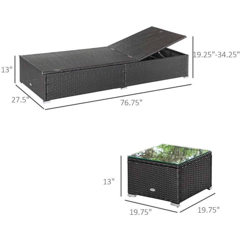 Outsunny Chaise Lounge Chair Set of 2 with 5 Angle Backrest, Outdoor Coffee Table, Water Repellent Cushions, PE Rattan Wicker Poolside Chairs, 3-Piece Pool Furniture Set, Dark Brown/Red