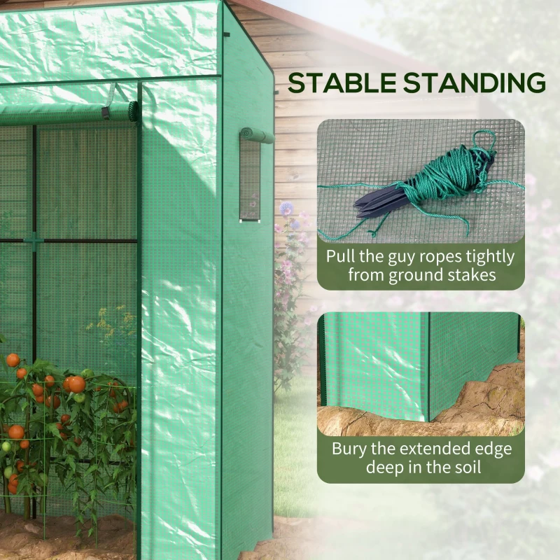 Outsunny Walk-in Tomato Greenhouse Lean-to Green House with Reinforced PE Cover, Roll-up Door, Mesh Windows, Green