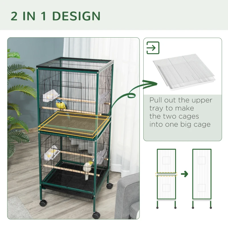PawHut 55.1" 2 In 1 Bird Cage Aviary Parakeet House for finches, budgies with Wheels, Slide-out Trays, Wood Perch, Green