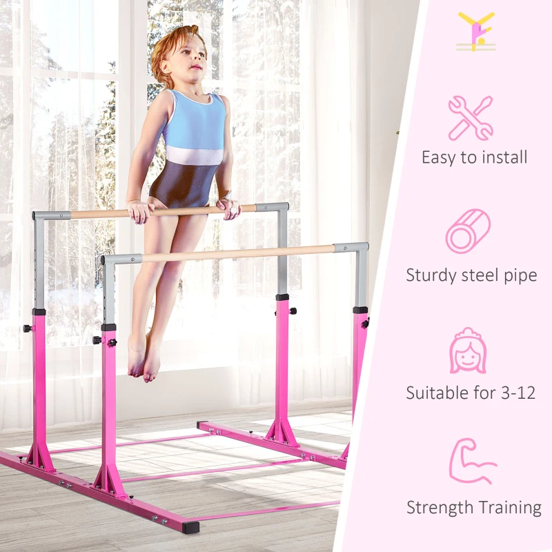 Qaba Double Horizontal Bars, Junior Gymnastic Training Parallel Bars with Double-locking System 13-level 36"-59" Adjustable Heights, 6-level Adjustable Width for Indoor Outdoor, Pink