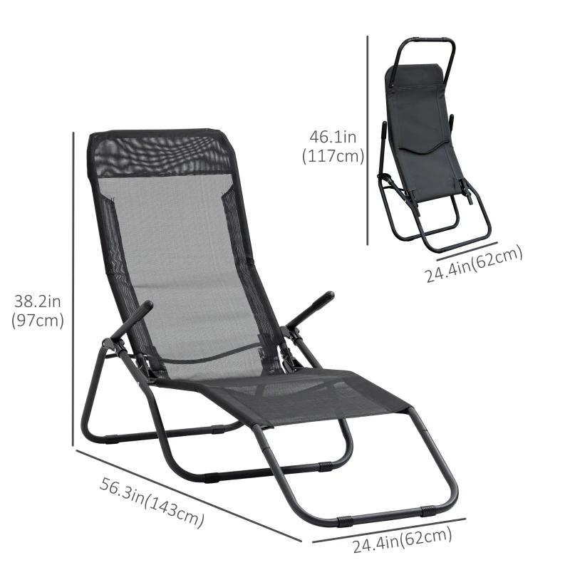 Outsunny Foldable Patio Lounge Chair, Outdoor Beach Lounger with Breathable Mesh Fabric, Zero Gravity Chair with Reclining, Footrests, and Armrests, for Garden, Pool, Black