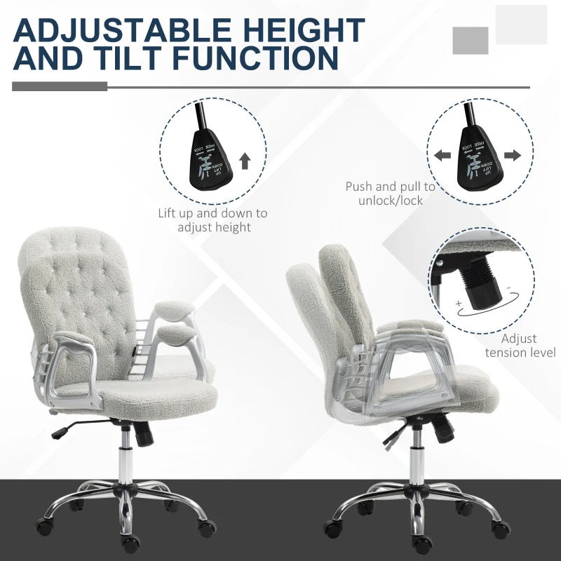 Vinsetto Button Tufted Desk Chair, Home Office Chair with Padded Armrests, Adjustable Height and Swivel Wheels, Gray