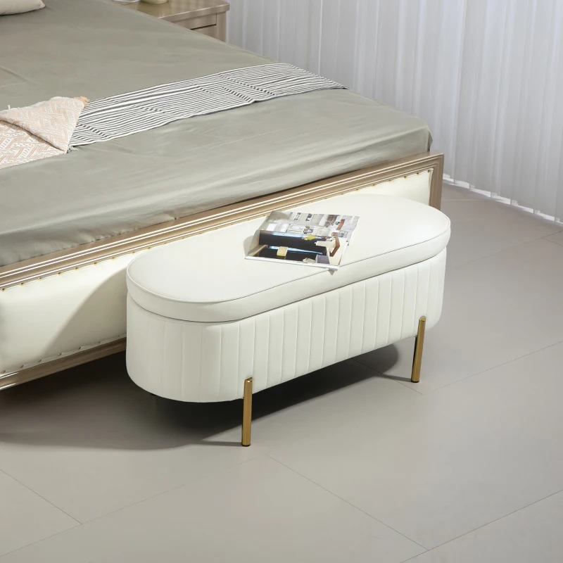 HOMCOM Upholstered Bedroom Bench, Channel Tufted Ottoman Bench with Thick Padding and Metal Legs, Cream White