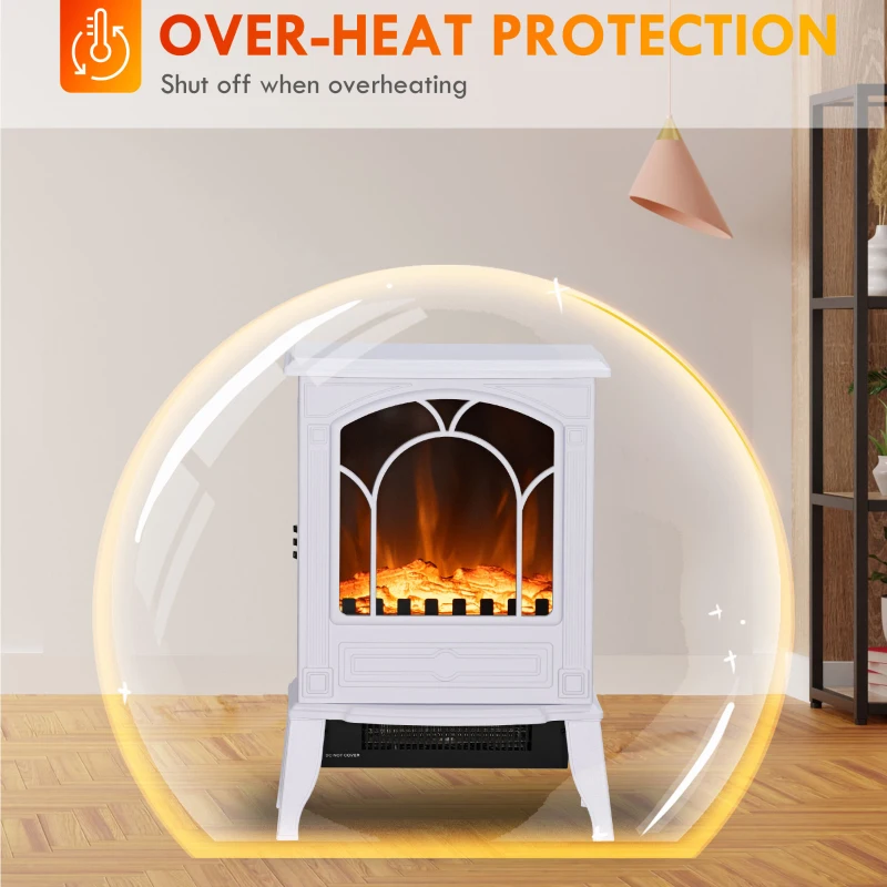 HOMCOM Electric Fireplace Heater, Freestanding Fireplace Stove with Realistic Flame Effect Overheat Protection 750W/1500W White