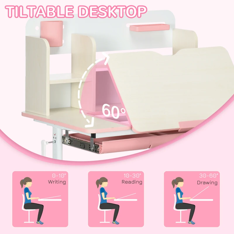 Qaba Kids Desk and Chair Set with Hand Crank, Tilted Desktop, Height Adjustable Student Writing Desk & Chair with Adaptive Seat Back, Footrest, Bookshelf, Drawer, Pen Holder, Pink