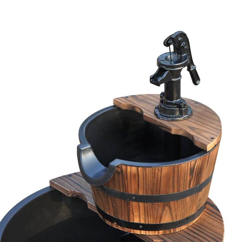 Outsunny Wood Freestanding Fountain with 2 Tier Waterfall Barrel, Electric Pump for Garden Decor, Lawn, Backyard