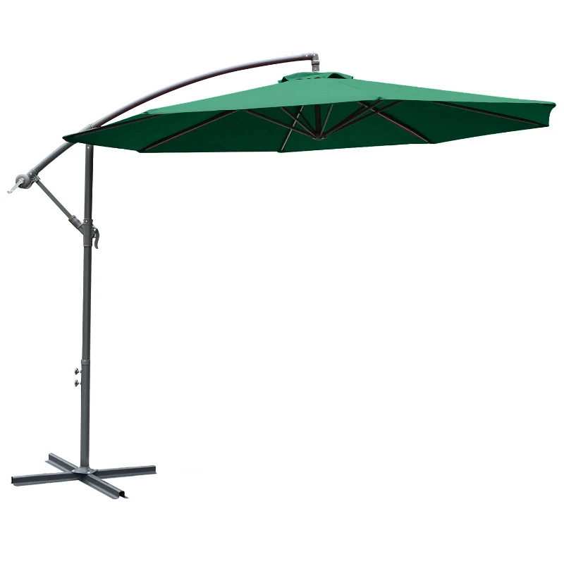 Outsunny 10' Deluxe Patio Umbrella, Outdoor Market Parasol, Banana Hanging Offset Sunshade with Crank, Cross Base, Dark Green