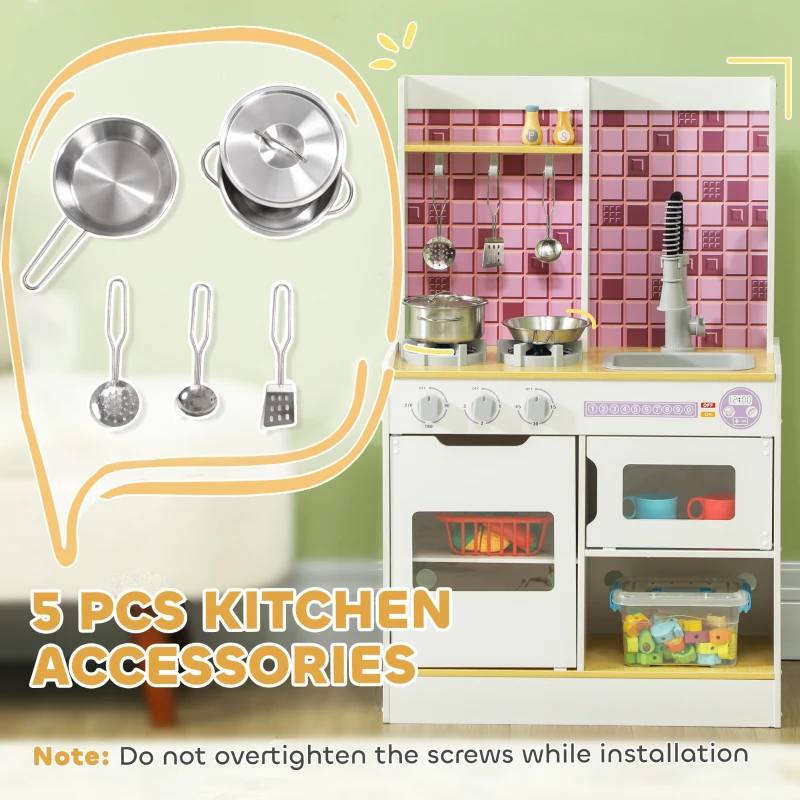 Qaba Play Kitchen Set for Kids, Kids Kitchen Playset with Realistic Lights & Sounds, Sink, Oven, Stove, White