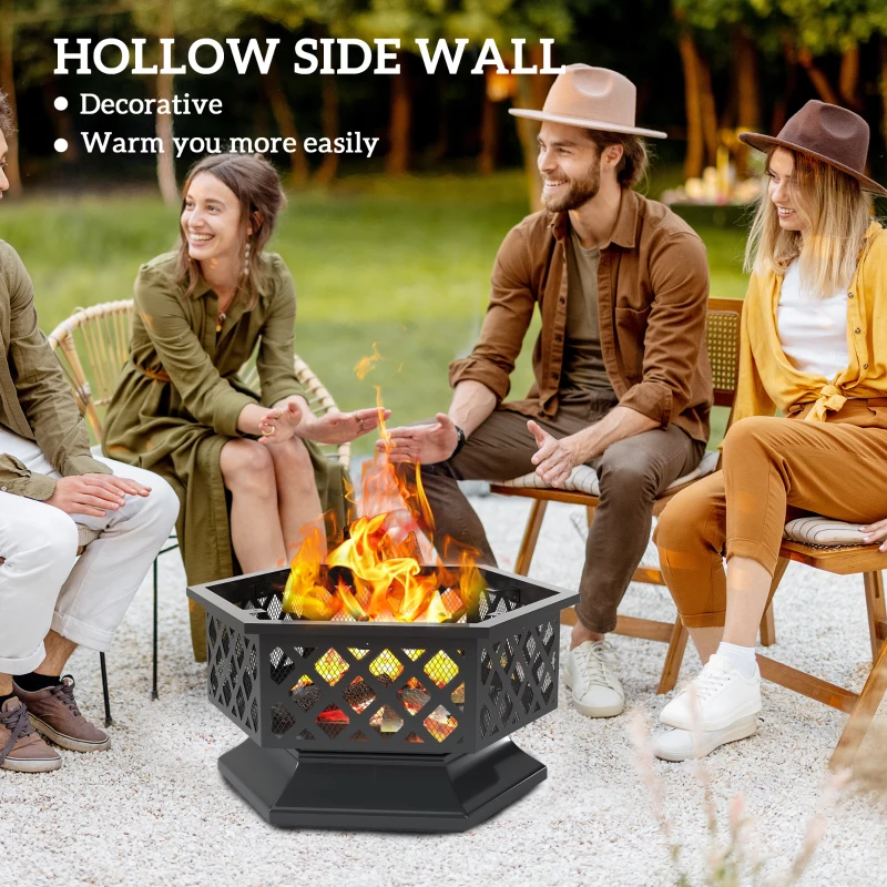 Outsunny 28" Outdoor Fire Pit with Grill Hexagon Fireplace Wood Burning Firepit with Cooking Grate, Fire Poker, Spark Screen Lid