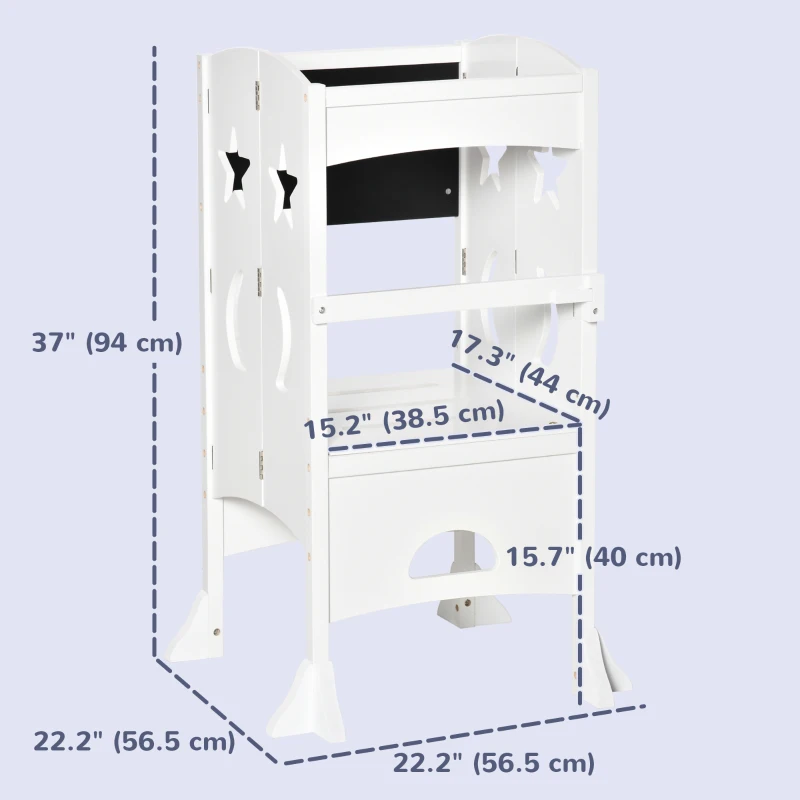 Qaba Kids Kitchen Helper Foldable Step Stool Toddler Kitchen Stool with Blackboard Lockable Handrail for 3-6 Years old White