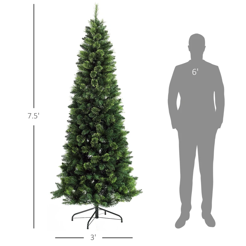 HOMCOM 7.5' Artificial Pencil Christmas Trees, with Auto Open, Steel Base, Pine Needles, for Home Xmas Decoration