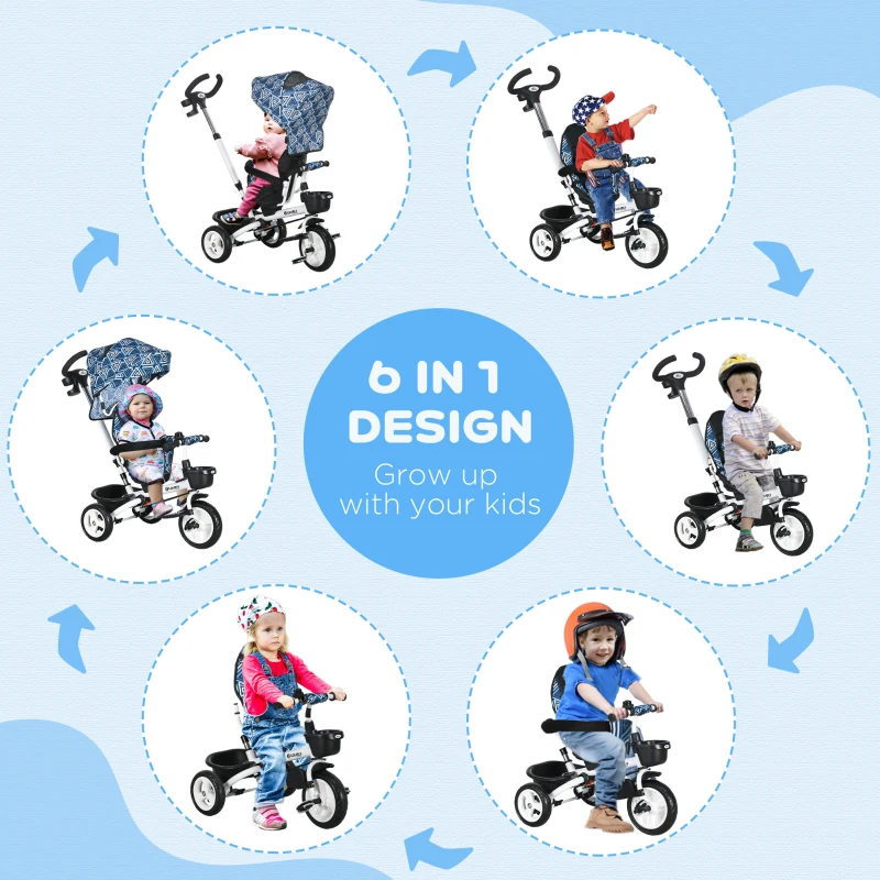 Qaba 6 in 1 Toddler Tricycle with Parent Push Handle, Canopy, Storage Baskets, Cupholder, Light Blue
