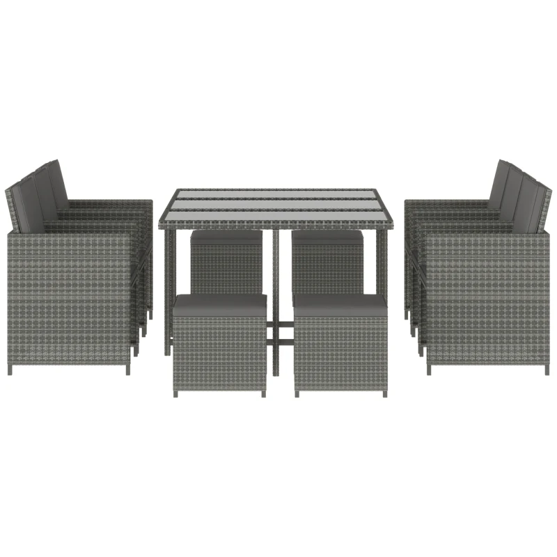 Outsunny 11 Pieces Outdoor Dining Set for 10, Space Saving Wicker Chairs and Glass Table with Cushions and Ottomans, Rattan Conversation Patio Furniture Set for Garden Backyard Deck, Dark Gray