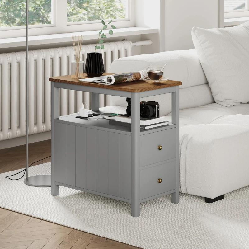 HOMCOM Side Table with Charging Station and USB Ports, Narrow End Table with Drawers, Shelf for Living Room, Gray