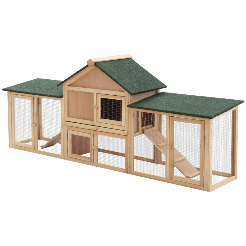 PawHut Large Rabbit Hutch Wood Bunny Cage Outdoor Guinea Pig House with Double Runs Slide Out Tray Ramps, 83"x18"x33", Natural